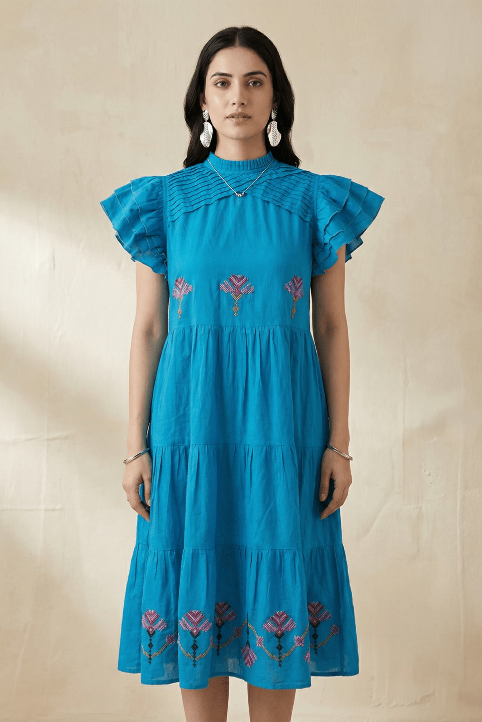 Folkline Tiered Dress with Pleated Yoke And Kasuti Embroidery - Western Era Dresses for women
