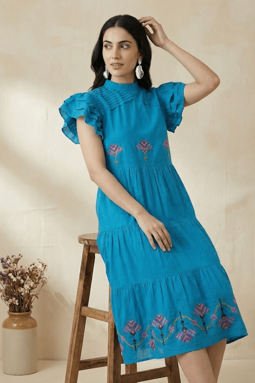 Folkline Tiered Dress with Pleated Yoke And Kasuti Embroidery - Western Era Dresses for women