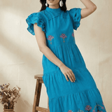 Folkline Tiered Dress with Pleated Yoke And Kasuti Embroidery - Western Era Dresses for women