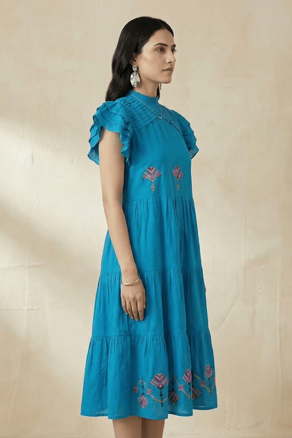 Folkline Tiered Dress with Pleated Yoke And Kasuti Embroidery - Western Era Dresses for women