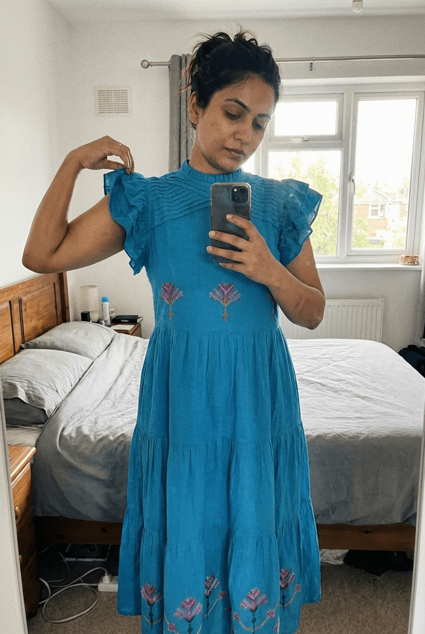 Folkline Tiered Dress with Pleated Yoke And Kasuti Embroidery - Western Era Dresses for women