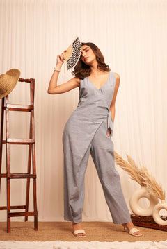 Formal Wear Side Knot Overlap Blue Jumpsuit - Western Era Jumpsuits for women