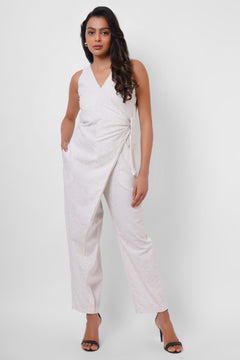 Formal Wear Side Knot Overlap White Jumpsuit