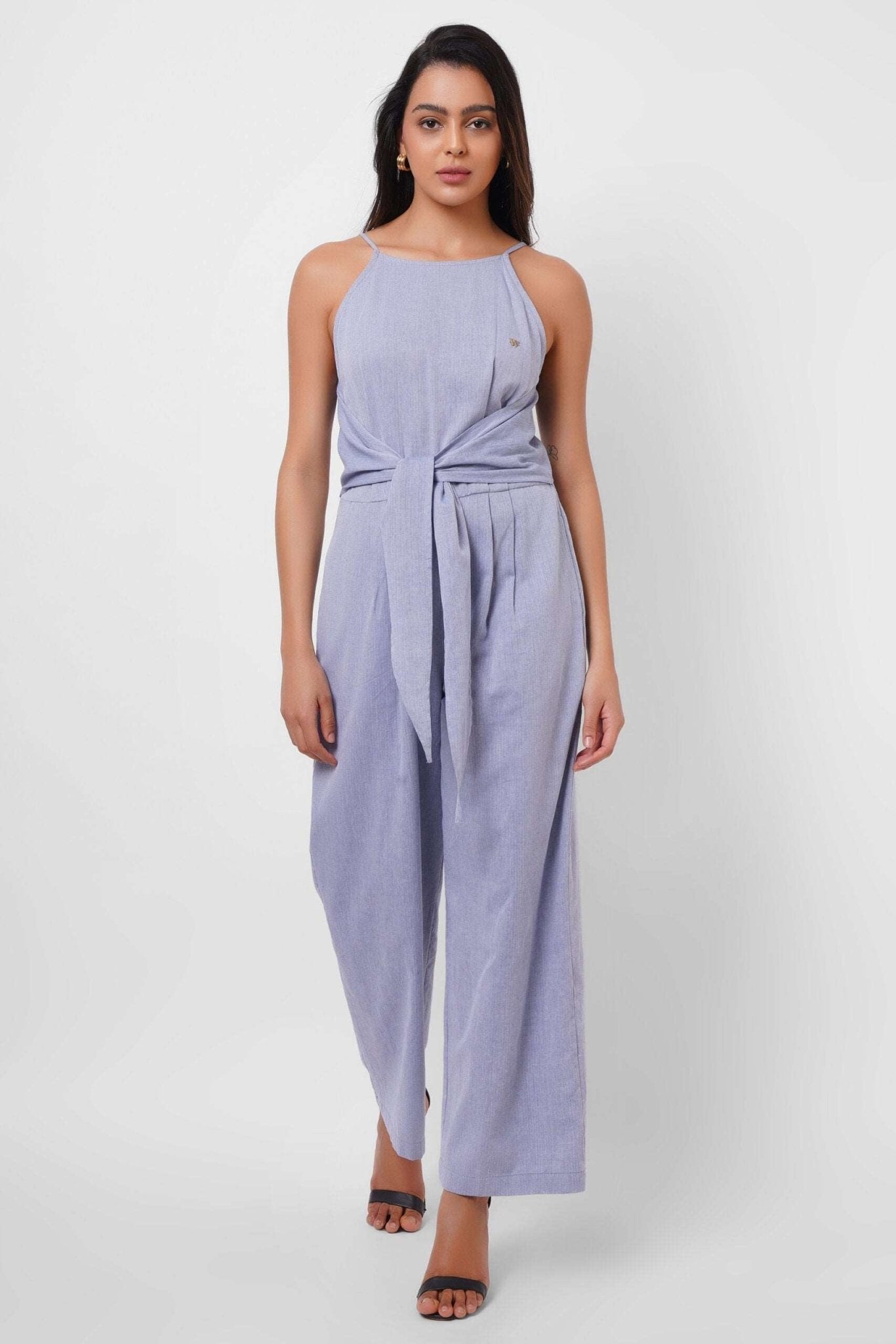 Front Strap Knot Sleeveless Blue Jumpsuit - Western Era Jumpsuits for women