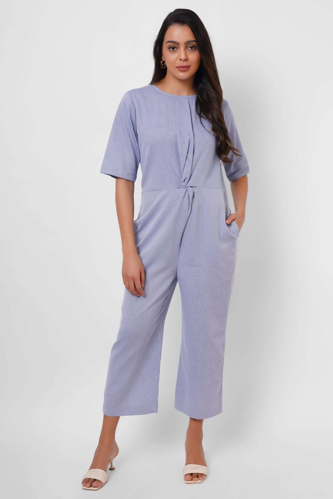 Front Twist Knot Blue Cotton Jumpsuit - Western Era Jumpsuits for women