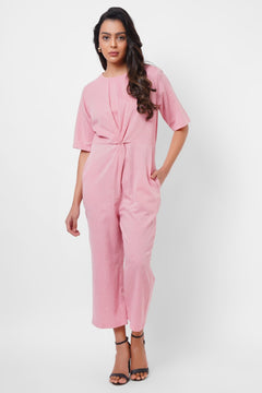 Front Twist Knot Pink Cotton Jumpsuit