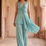 Front Twist V-Neck Sculpted Drape Top & Bottom Set - Western Era Co-ord set for women