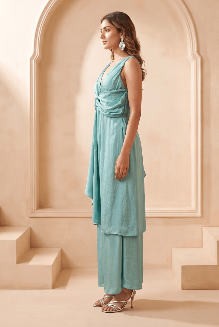 Front Twist V-Neck Sculpted Drape Top & Bottom Set - Western Era Co-ord set for women