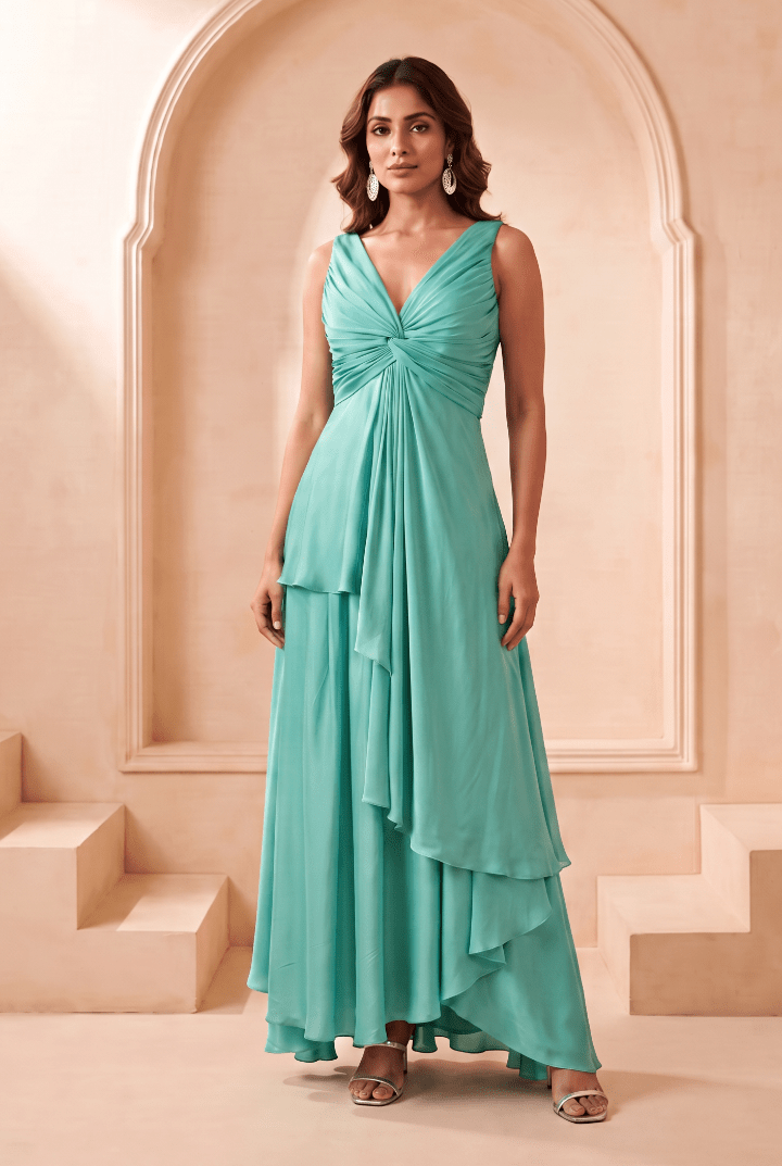 Front Twist V-Neck Sculpted Drape Top & Bottom Set - Western Era Co-ord set for women