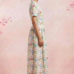 Gathered Band Neckline Structured Floral Print Dress - Western Era for women