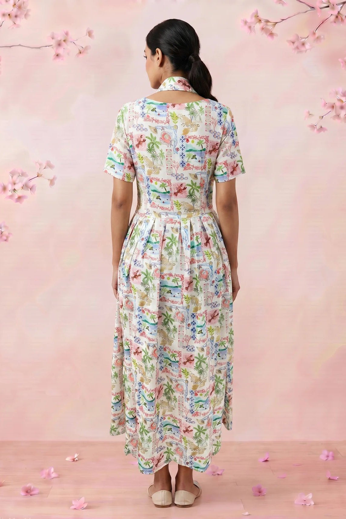 Gathered Band Neckline Structured Floral Print Dress - Western Era for women