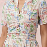 Gathered Band Neckline Structured Floral Print Dress - Western Era for women