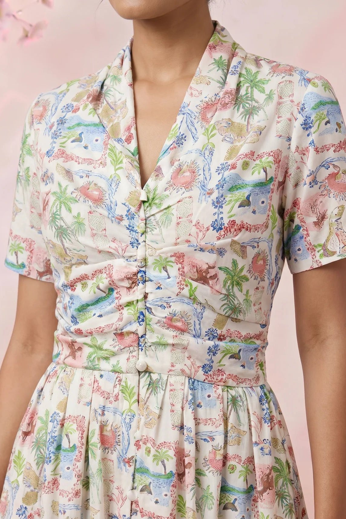 Gathered Band Neckline Structured Floral Print Dress - Western Era for women