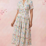 Gathered Band Neckline Structured Floral Print Dress - Western Era for women