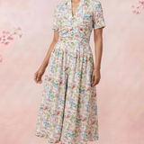 Gathered Band Neckline Structured Floral Print Dress - Western Era for women