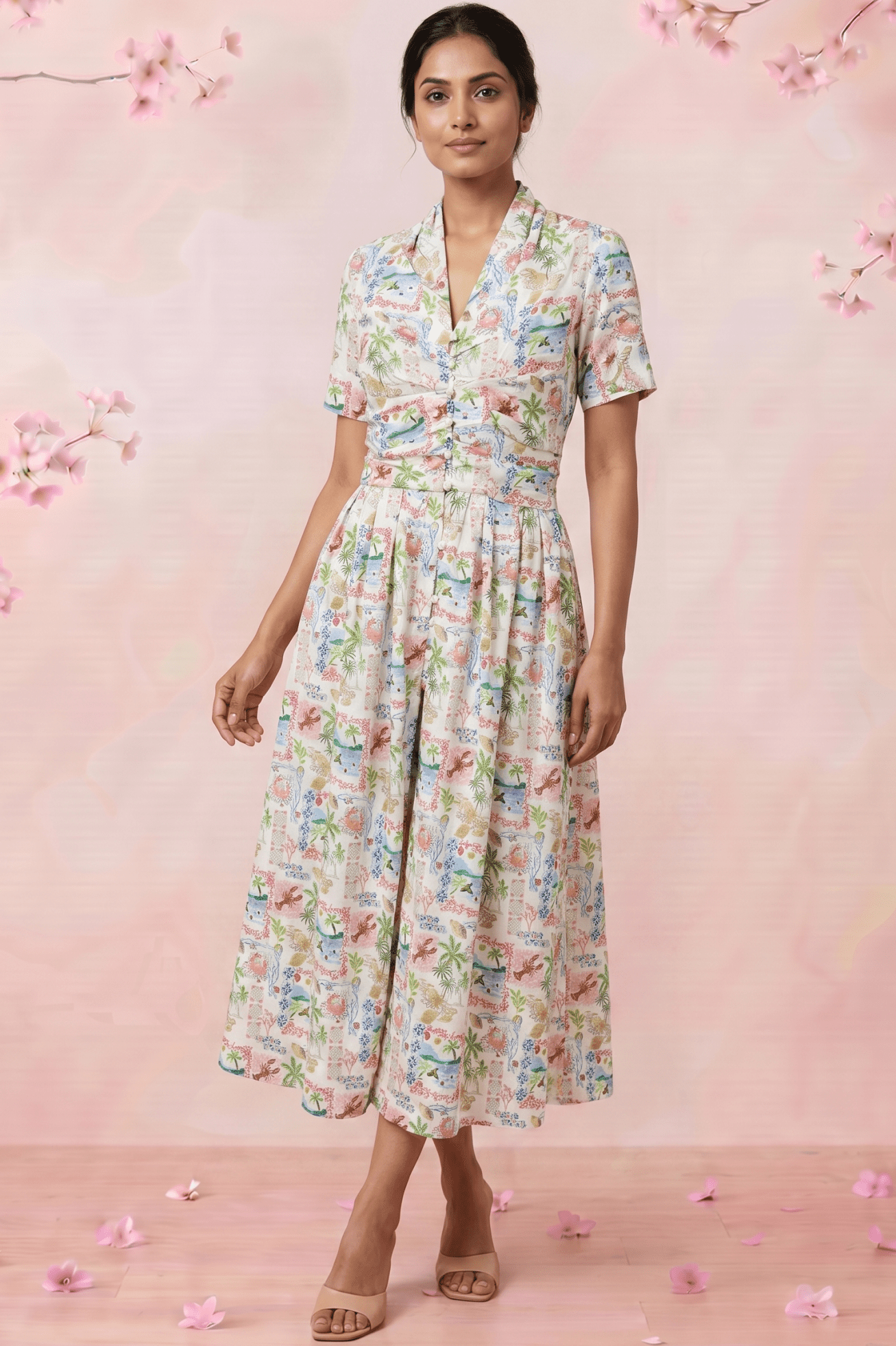 Gathered Band Neckline Structured Floral Print Dress - Western Era for women