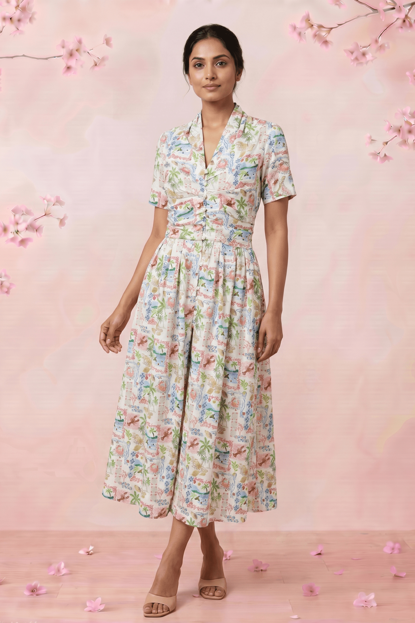 Gathered Band Neckline Structured Floral Print Dress - Western Era for women