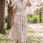 Gathered Band Neckline Structured Floral Print Dress - Western Era for women