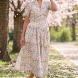 Gathered Band Neckline Structured Floral Print Dress - Western Era for women