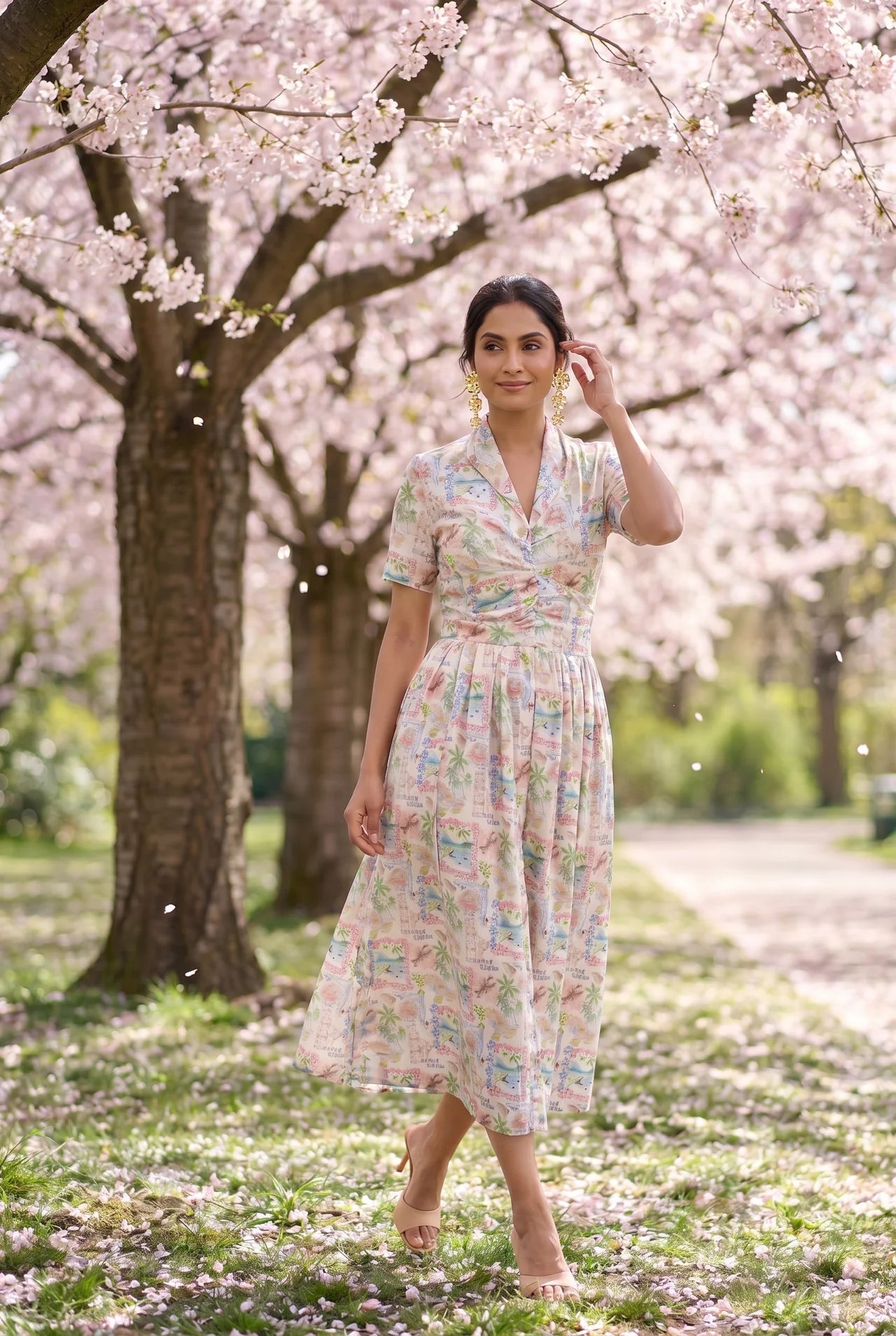 Gathered Band Neckline Structured Floral Print Dress - Western Era for women