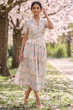 Gathered Band Neckline Structured Floral Print Dress - Western Era for women