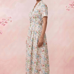 Gathered Band Neckline Structured Floral Print Dress - Western Era for women