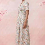 Gathered Band Neckline Structured Floral Print Dress - Western Era for women