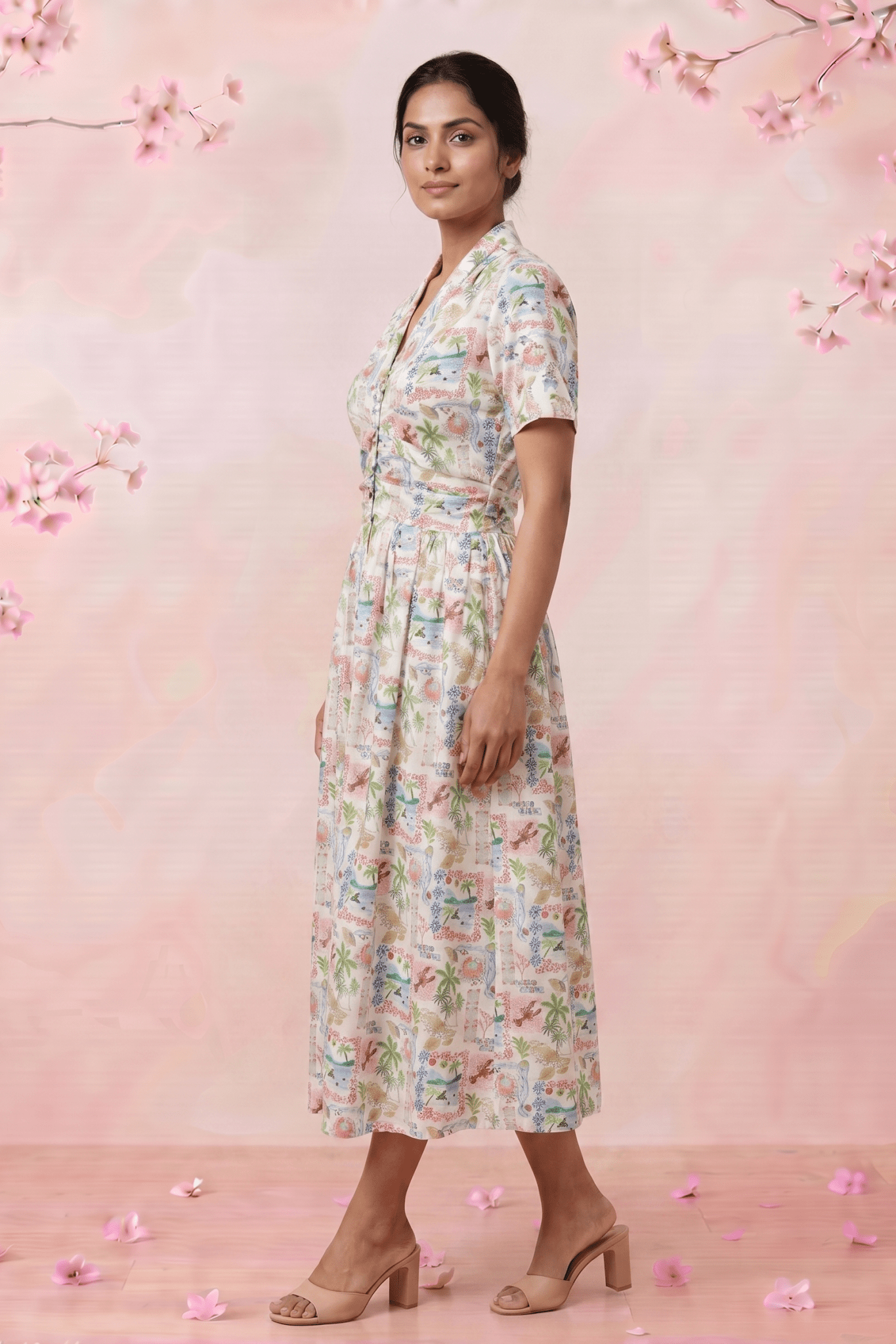 Gathered Band Neckline Structured Floral Print Dress - Western Era for women