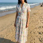 Gathered Band Neckline Structured Floral Print Dress - Western Era for women
