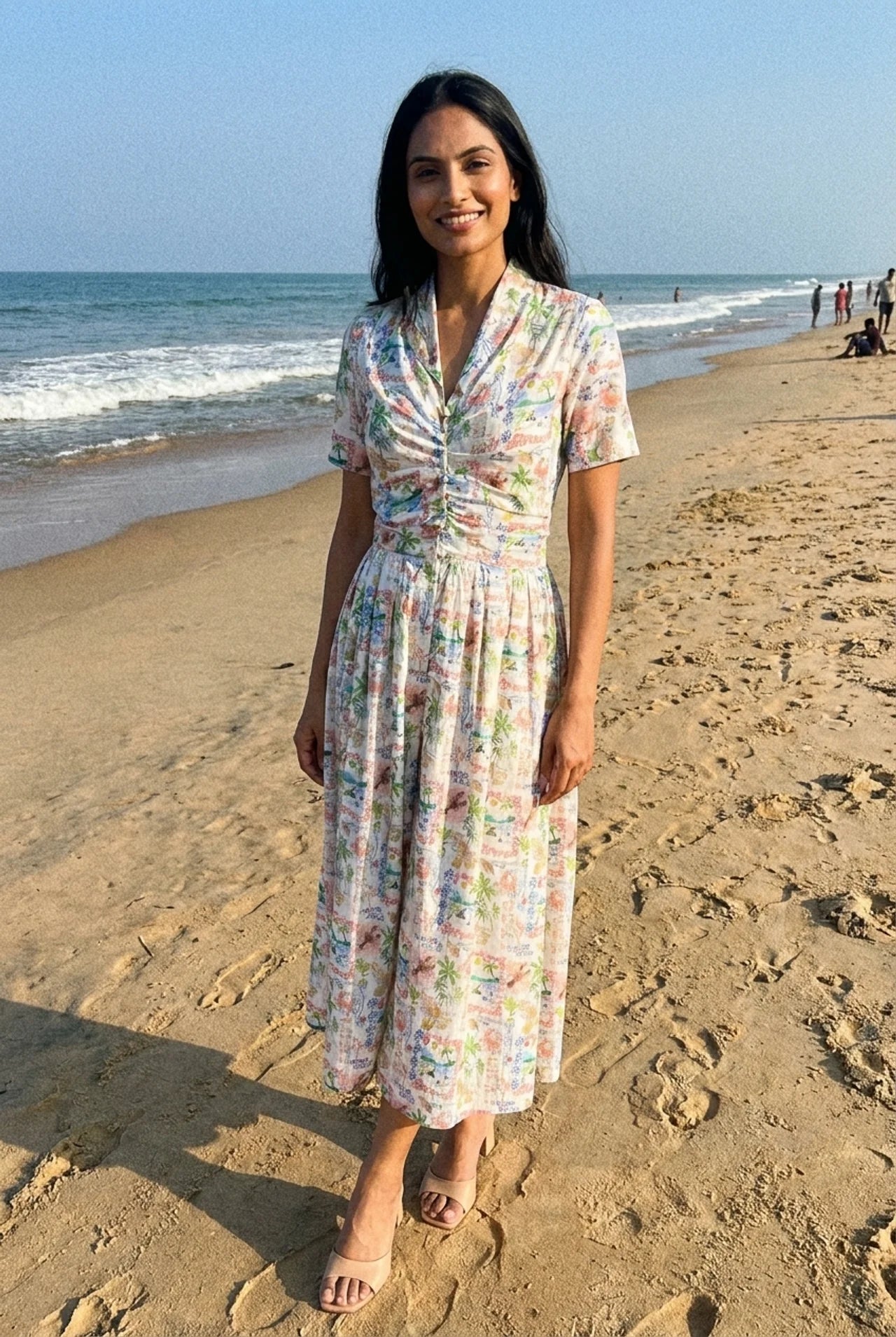 Gathered Band Neckline Structured Floral Print Dress - Western Era for women