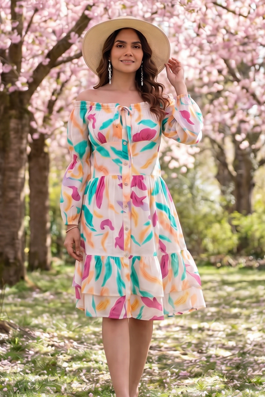 Gathered Neckline And Voluminous Multi - Layer Flare Dress - Western Era Dresses for women
