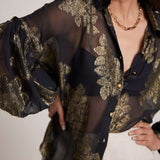 Gold Black Party Wear Shirt With Balloon Sleeves And Golden Buttons - Western Era Tops for women