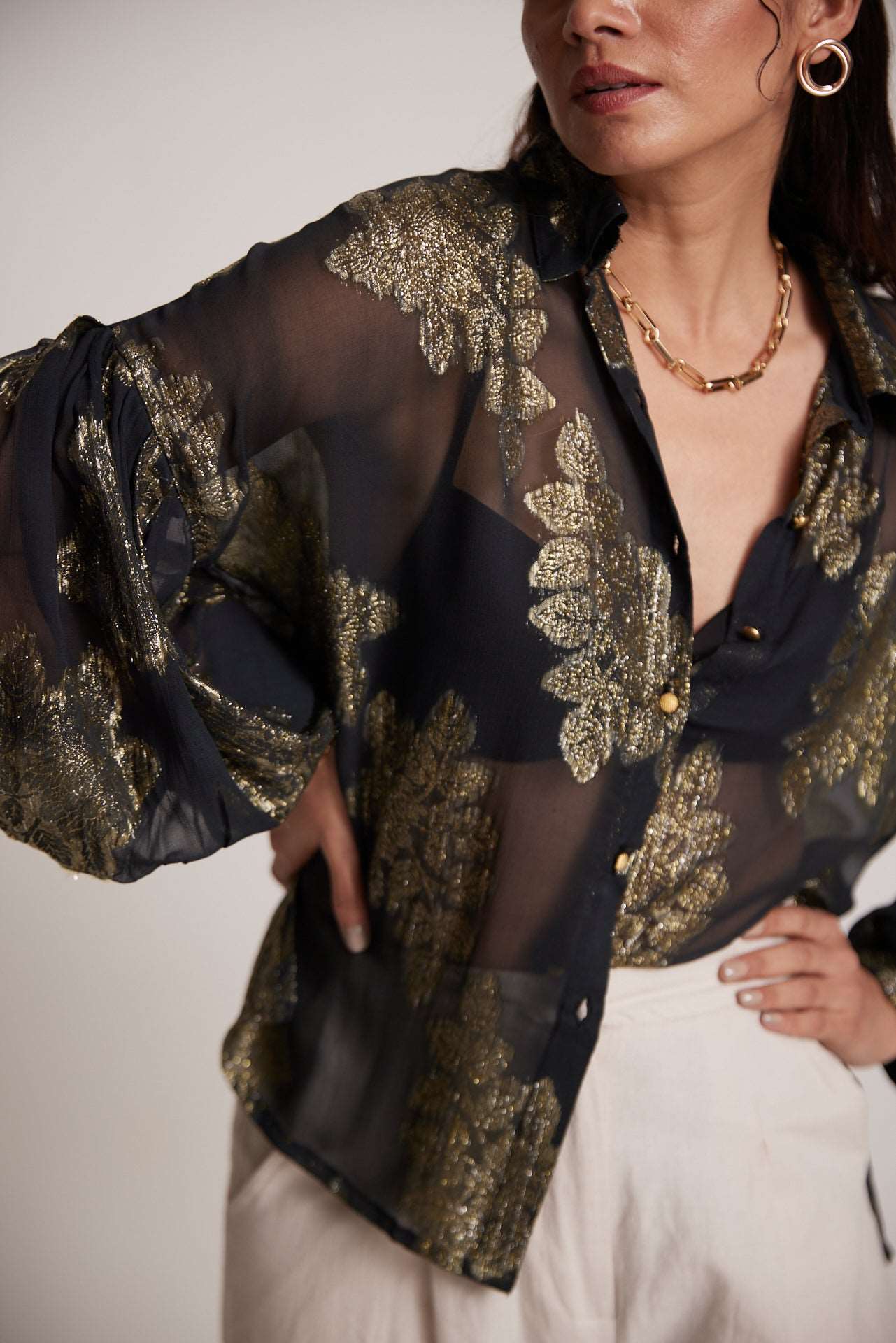 Gold Black Party Wear Shirt With Balloon Sleeves And Golden Buttons - Western Era Tops for women