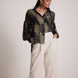 Gold Black Party Wear Shirt With Balloon Sleeves And Golden Buttons - Western Era Tops for women