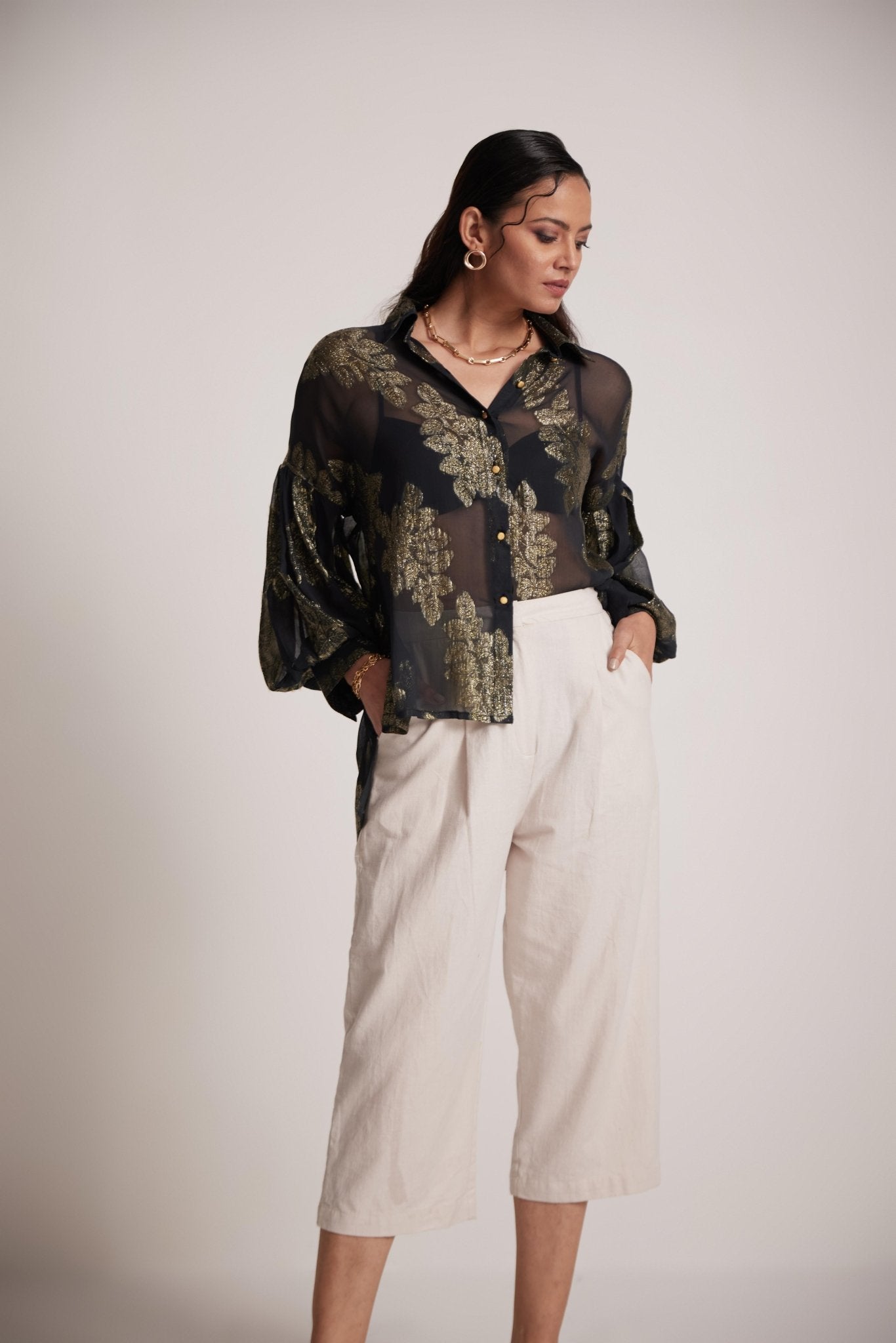 Gold Black Party Wear Shirt With Balloon Sleeves And Golden Buttons - Western Era Tops for women