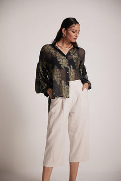 Gold Black Party Wear Shirt With Balloon Sleeves And Golden Buttons - Western Era Tops for women