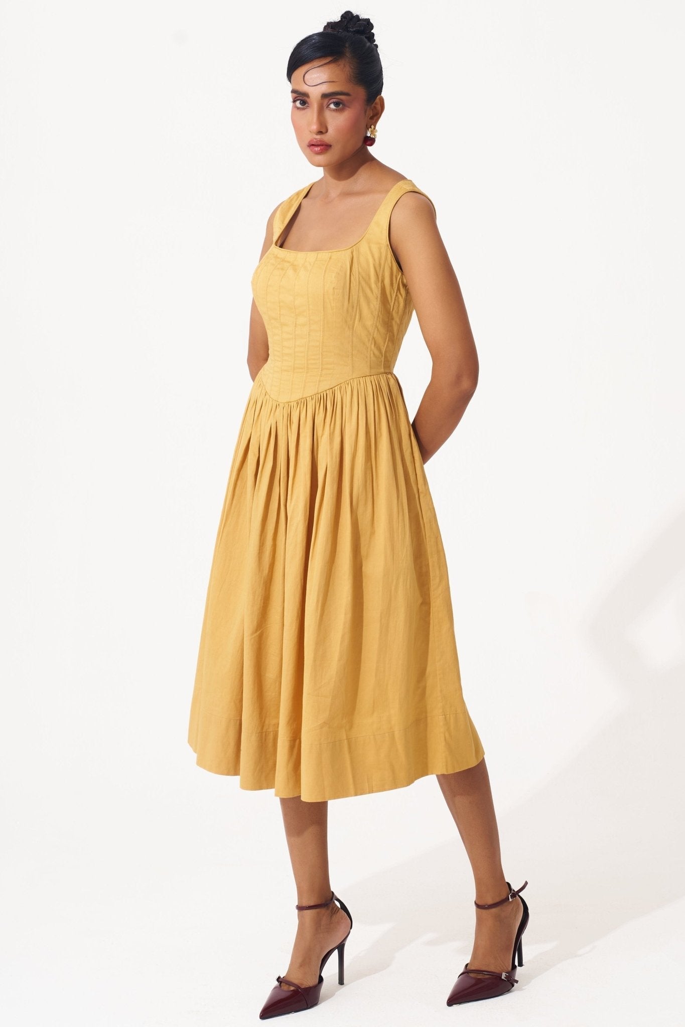 Gold Cotton Corset Dress with Gathers - Western Era Dresses for women