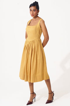 Gold Cotton Corset Dress with Gathers - Western Era Dresses for women