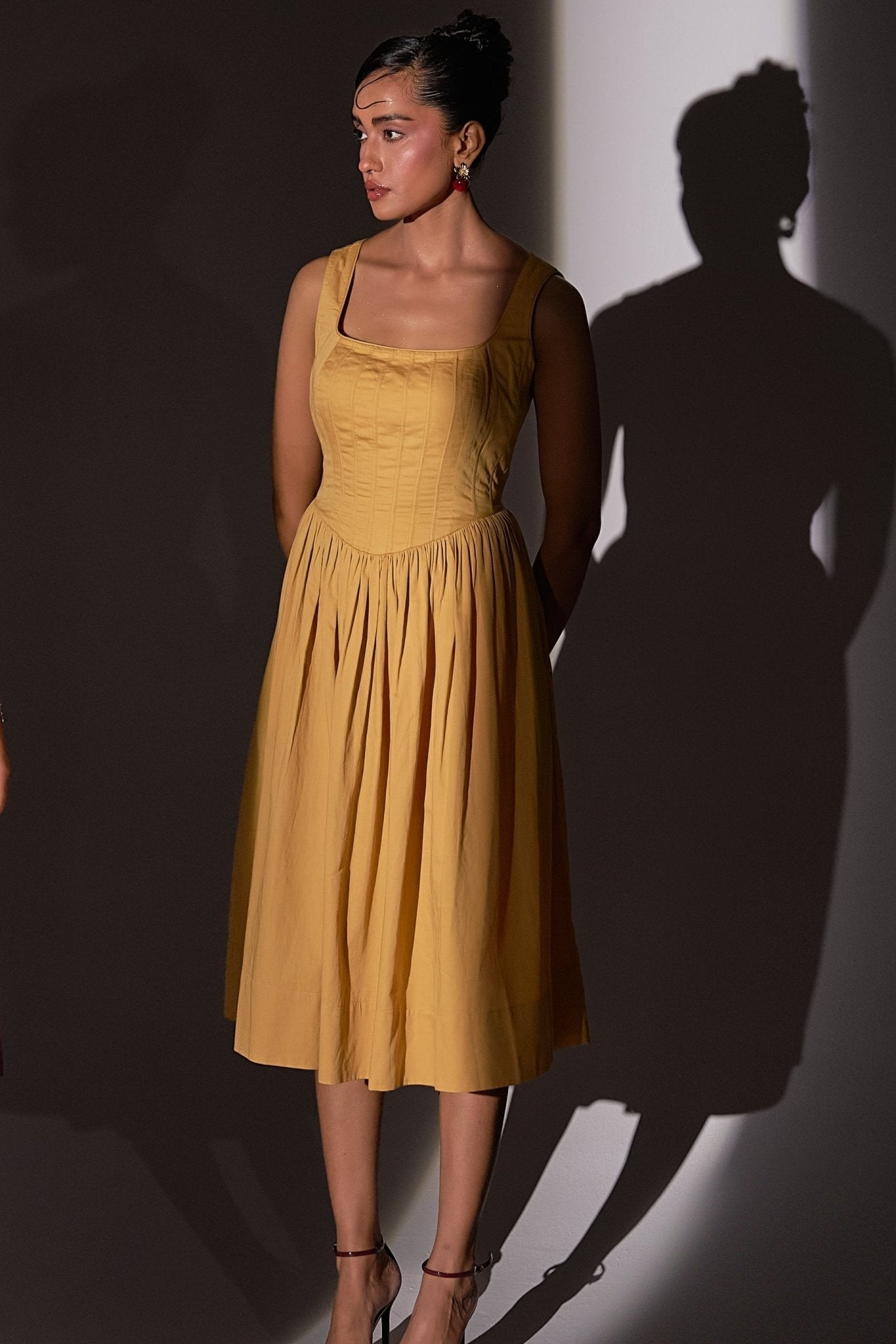 Gold Cotton Corset Dress with Gathers - Western Era Dresses for women