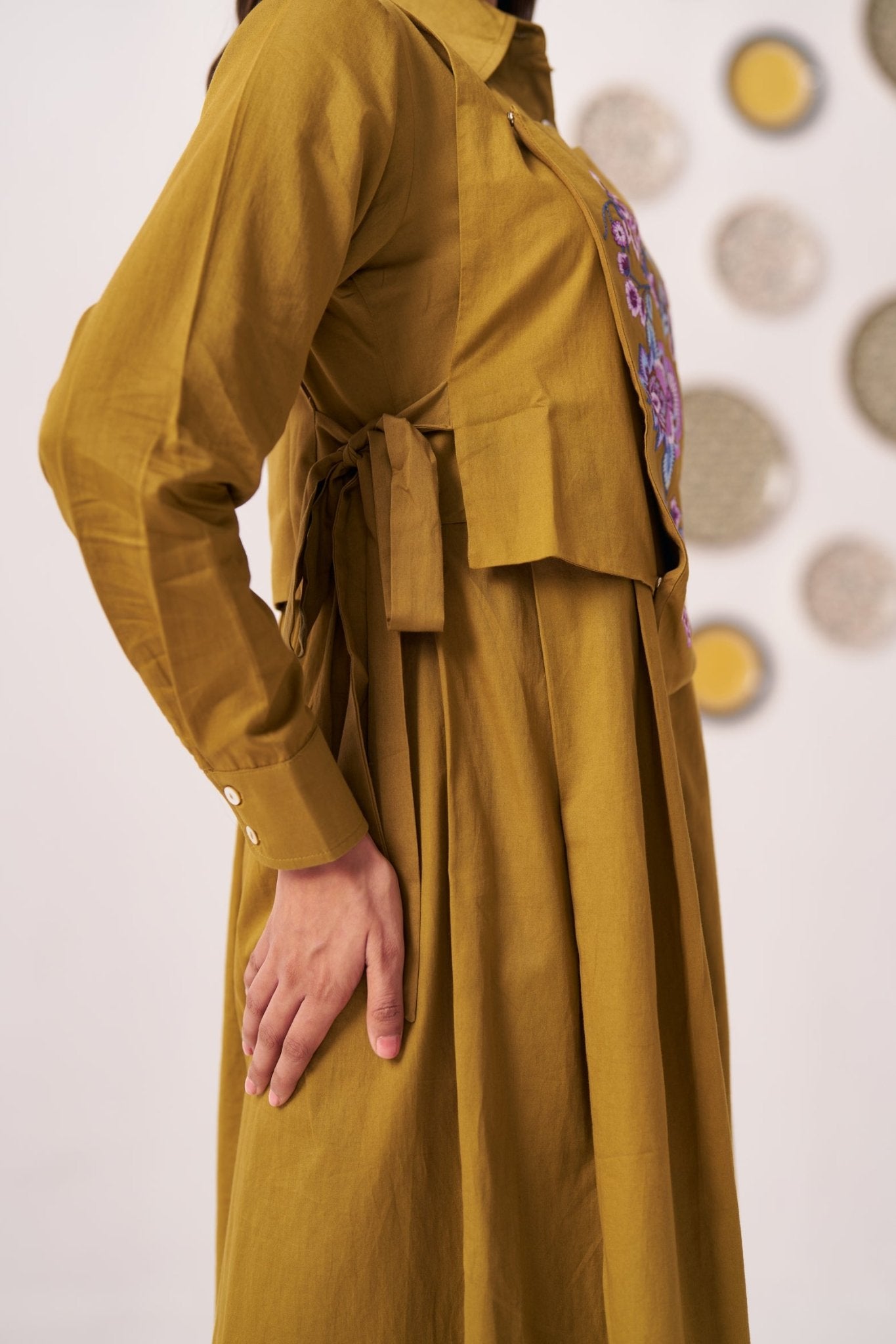 Gold Overlap Chintz Embroidery Shirt Dress - Western Era Dresses for women