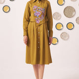 Gold Overlap Chintz Embroidery Shirt Dress - Western Era Dresses for women