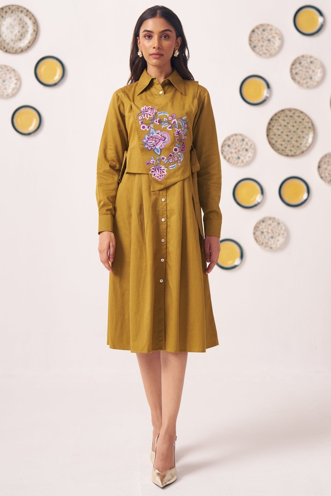 Gold Overlap Chintz Embroidery Shirt Dress - Western Era Dresses for women