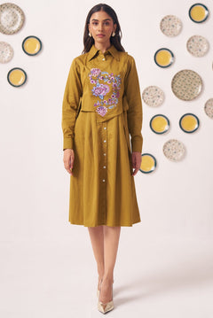 Gold Overlap Chintz Embroidery Shirt Dress - Western Era Dresses for women