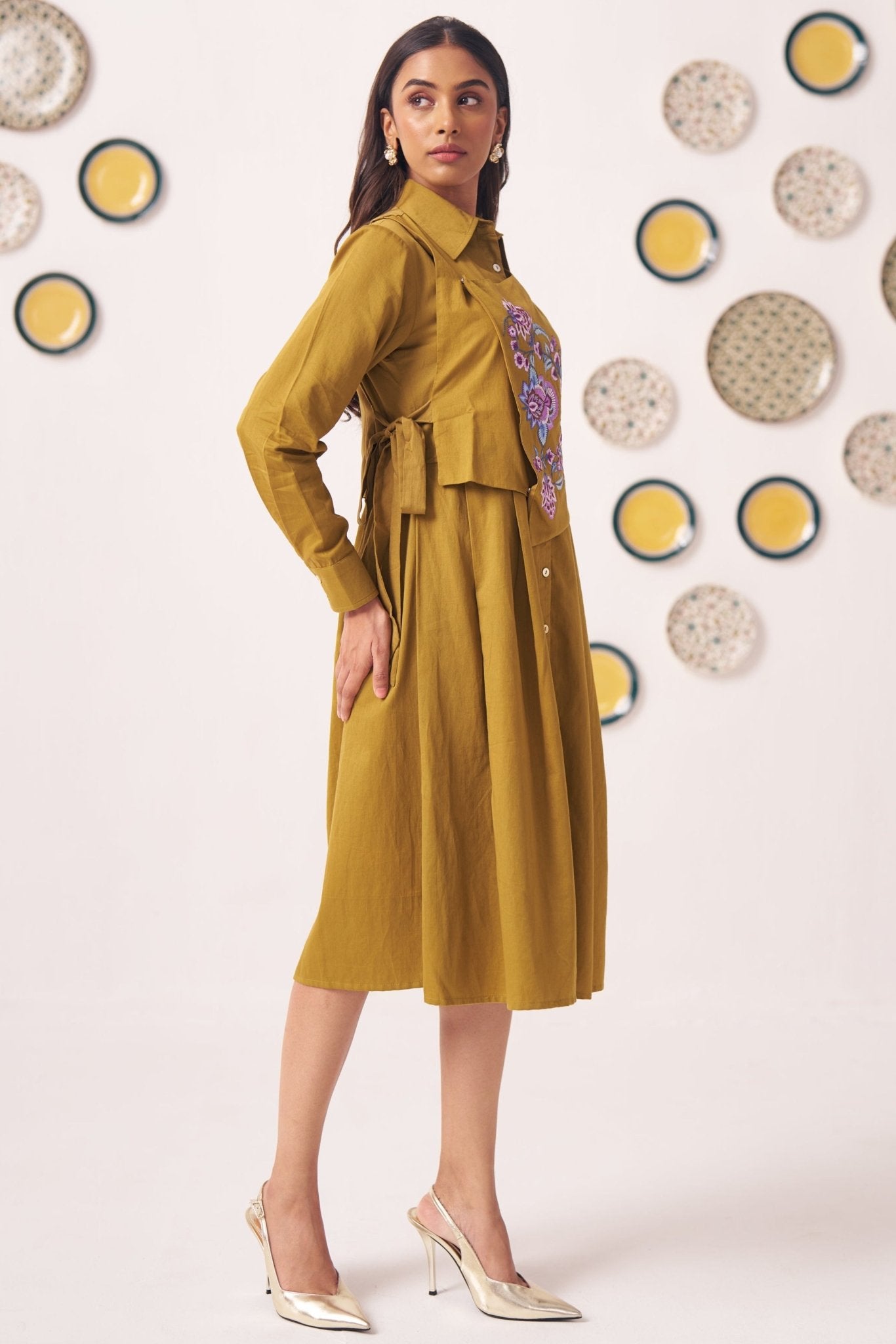 Gold Overlap Chintz Embroidery Shirt Dress - Western Era Dresses for women