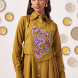 Gold Overlap Chintz Embroidery Shirt Dress - Western Era Dresses for women