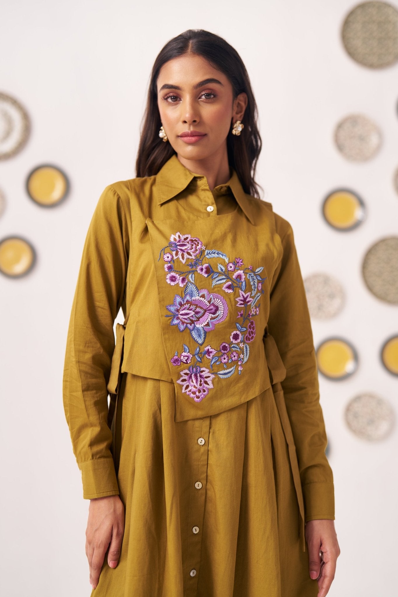 Gold Overlap Chintz Embroidery Shirt Dress - Western Era Dresses for women