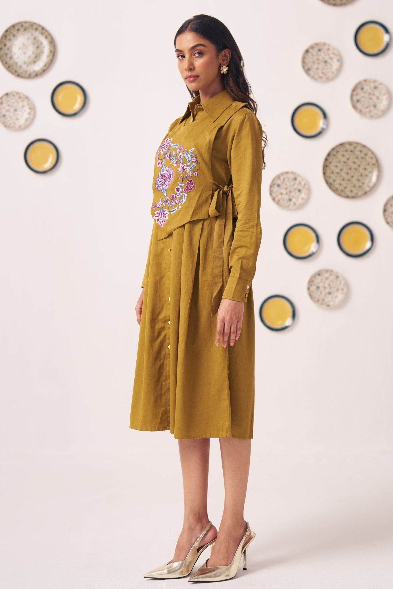 Gold Overlap Chintz Embroidery Shirt Dress - Western Era Dresses for women