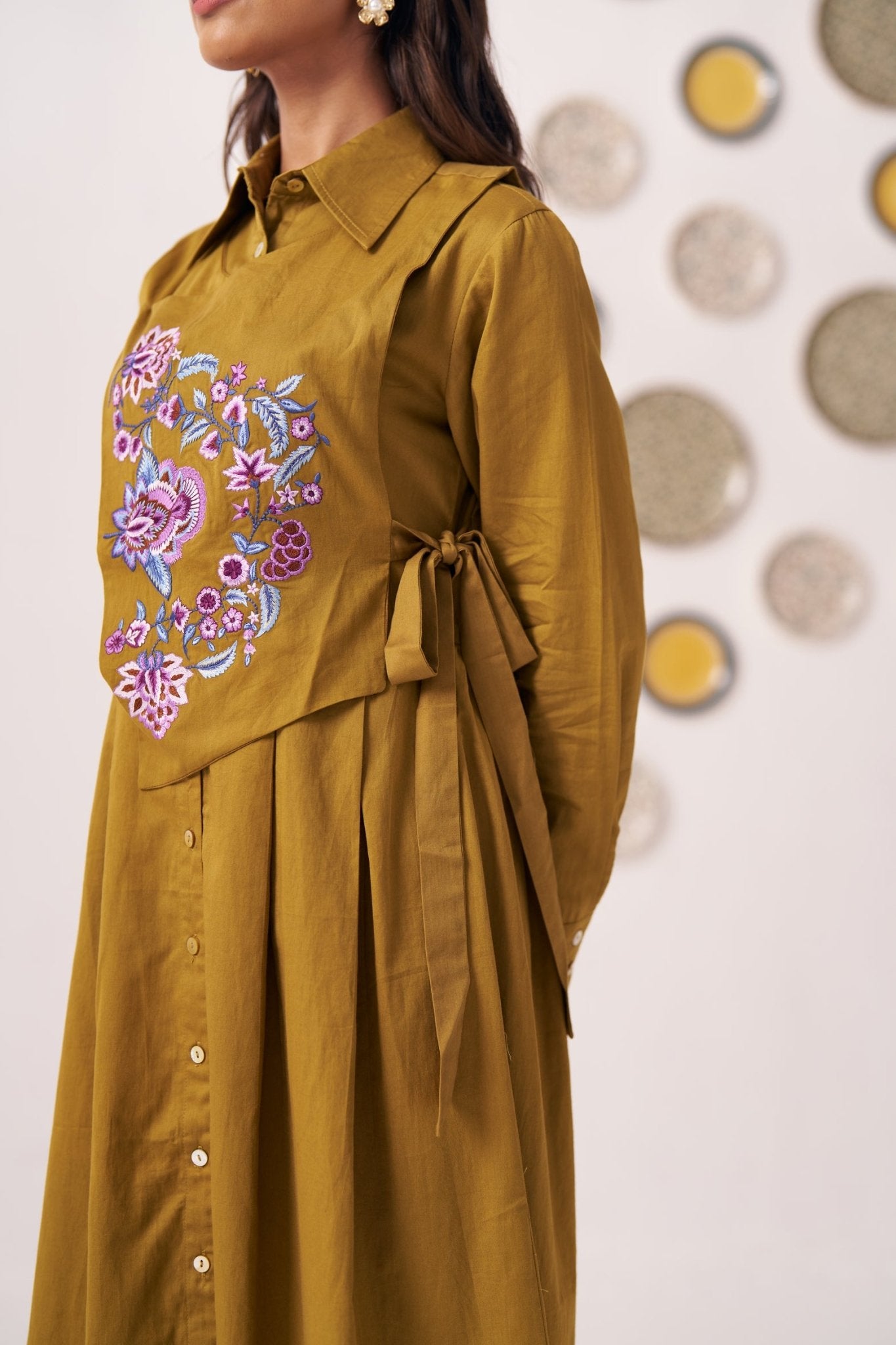 Gold Overlap Chintz Embroidery Shirt Dress - Western Era Dresses for women