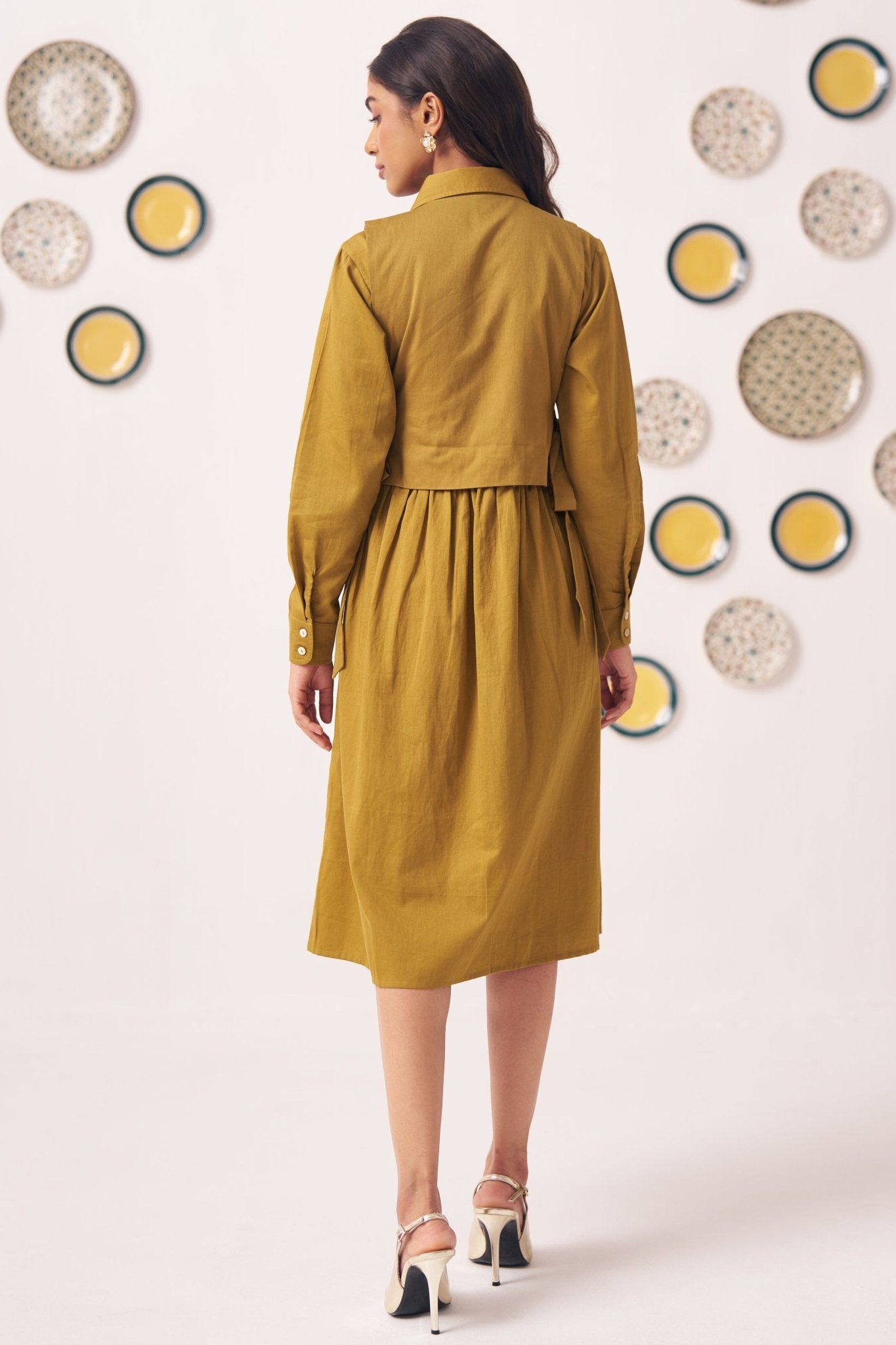 Gold Overlap Chintz Embroidery Shirt Dress - Western Era Dresses for women