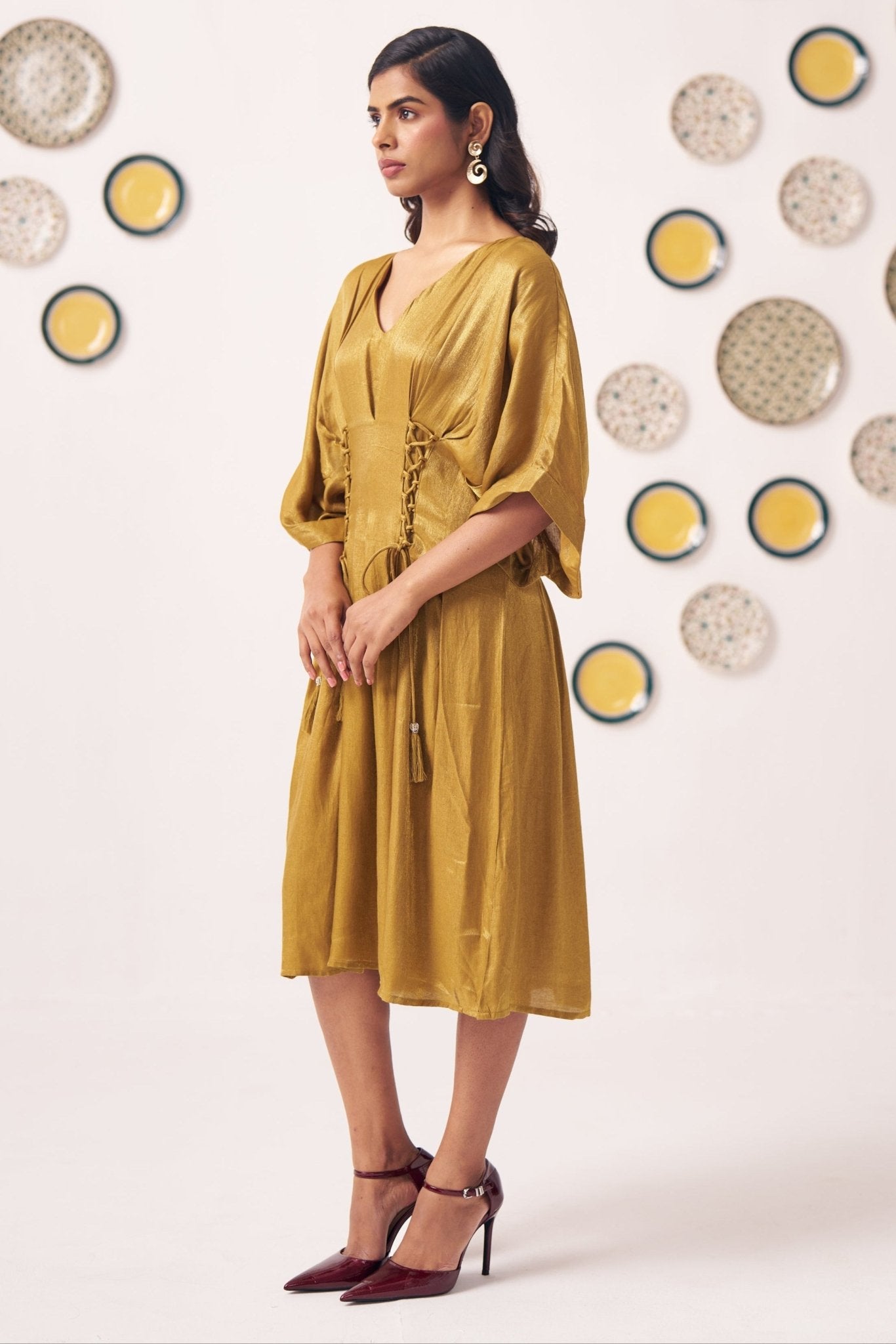 Gold Shimmer Pleated Festive Dress - Western Era Dresses for women